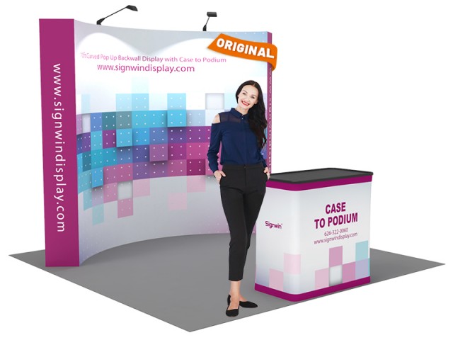 Custom 10ft Curved & Printing Fabric Pop Up Trade Show Booth Backwall Display with Premium Case to Podium