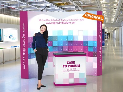 Custom 10ft Curved & Printing Fabric Pop Up Trade Show Booth Backwall Display with Premium Case to Podium