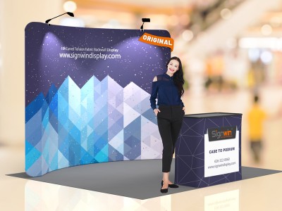 Custom 10ft Curved & Recyclable Tension Fabric Trade Show Booth Backwall Display with Durable Case to Podium Custom 10ft Curved & Recyclable Tension Fabric Trade Show Booth Backwall Display with Durable Case to Podium