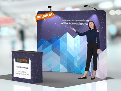 Custom 10ft Curved & Recyclable Tension Fabric Trade Show Booth Backwall Display with Durable Case to Podium Custom 10ft Curved & Recyclable Tension Fabric Trade Show Booth Backwall Display with Durable Case to Podium