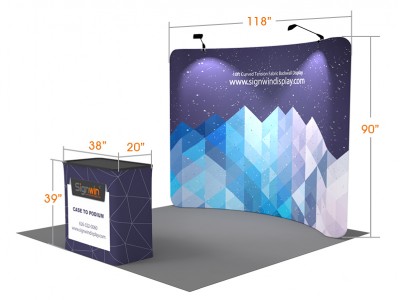 Custom 10ft Curved & Recyclable Tension Fabric Trade Show Booth Backwall Display with Durable Case to Podium (Frame + Graphic)