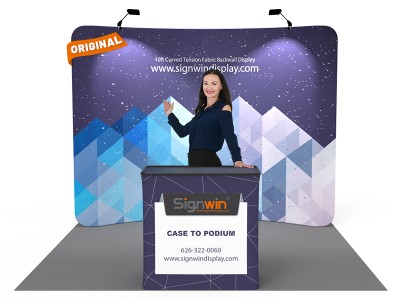 Custom 10ft Curved & Recyclable Tension Fabric Trade Show Booth Backwall Display with Durable Case to Podium