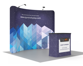 Custom 10ft Curved & Recyclable Tension Fabric Trade Show Booth Backwall Display with Durable Case to Podium