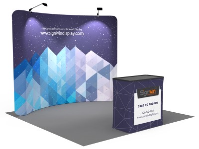 Custom 10ft Curved & Recyclable Tension Fabric Trade Show Booth Backwall Display with Durable Case to Podium