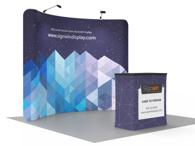 Custom 10ft Curved & Recyclable Tension Fabric Trade Show Booth Backwall Display with Durable Case to Podium