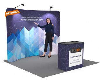 Custom 10ft Curved & Recyclable Tension Fabric Trade Show Booth Backwall Display with Durable Case to Podium