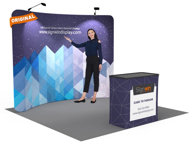 Custom 10ft Curved & Recyclable Tension Fabric Trade Show Booth Backwall Display with Durable Case to Podium