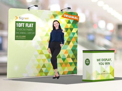 Custom 10ft Flat & Attractive Tension Fabric Trade Show Booth Backwall Display with Durable Case to Podium