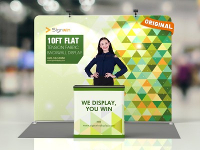 Custom 10ft Flat & Attractive Tension Fabric Trade Show Booth Backwall Display with Durable Case to Podium