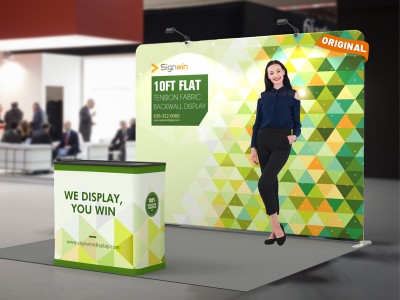 Custom 10ft Flat & Attractive Tension Fabric Trade Show Booth Backwall Display with Durable Case to Podium