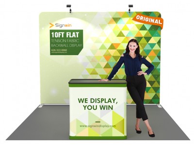 Custom 10ft Flat & Attractive Tension Fabric Trade Show Booth Backwall Display with Durable Case to Podium