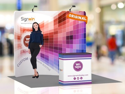 Custom 10ft Serpentine & Vivid Tension Fabric Trade Show Booth Backwall Display with Durable Case to Podium