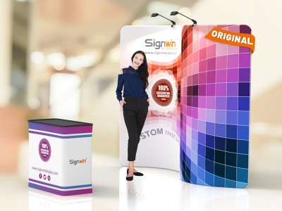 Custom 10ft Serpentine & Vivid Tension Fabric Trade Show Booth Backwall Display with Durable Case to Podium