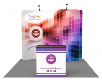 Custom 10ft Serpentine & Vivid Tension Fabric Trade Show Booth Backwall Display with Durable Case to Podium