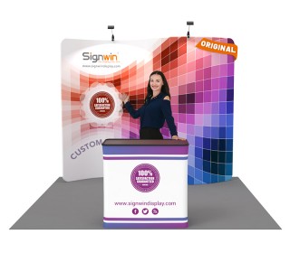 Custom 10ft Serpentine & Vivid Tension Fabric Trade Show Booth Backwall Display with Durable Case to Podium