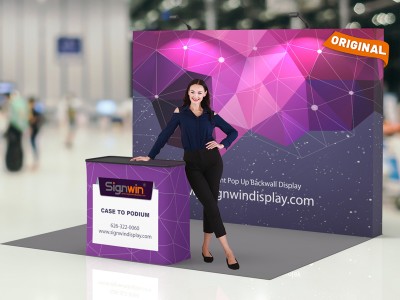 Custom 10ft Flat & Foldable Fabric Pop Up Trade Show Booth Backwall Display with Premium Case to Podium