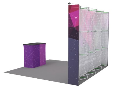 Custom 10ft Flat & Foldable Fabric Pop Up Trade Show Booth Backwall Display with Premium Case to Podium (Frame + Graphic)