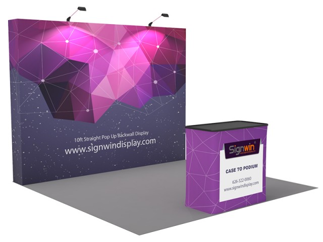 Custom 10ft Flat & Foldable Fabric Pop Up Trade Show Booth Backwall Display with Premium Case to Podium (Frame + Graphic)
