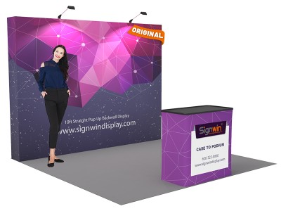 Custom 10ft Flat & Foldable Fabric Pop Up Trade Show Booth Backwall Display with Premium Case to Podium