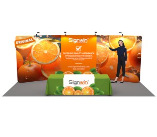 Custom 10x20ft Standard Curved Backwall & 8ft Printed Loose Table Throw Tension Fabric Trade Show Display Booth Kit 06