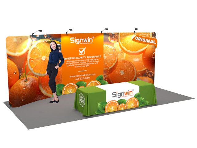 Custom 10x20ft Standard Curved Backwall & 8ft Printed Loose Table Throw Tension Fabric Trade Show Display Booth Kit 06