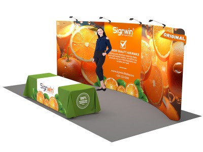 Custom 10x20ft Standard Curved Backwall & 8ft Printed Loose Table Throw Tension Fabric Trade Show Display Booth Kit 06