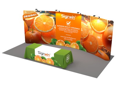 Custom 10x20ft Standard Curved Backwall & 8ft Printed Loose Table Throw Tension Fabric Trade Show Display Booth Kit 06