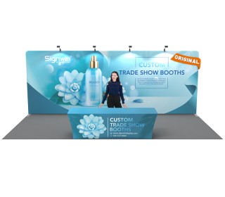 Custom 10x20ft Standard Flat Backwall & 8ft Printed Stretch Fit Back-Zippered Table Throw Tension Fabric Trade Show Display Booth Kit 09