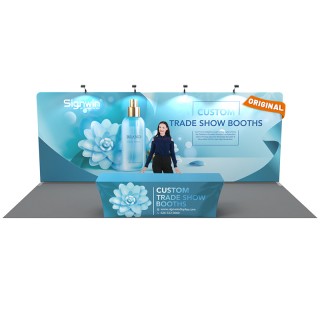 Custom 10x20ft Standard Flat Backwall & 8ft Printed Stretch Fit Back-Zippered Table Throw Tension Fabric Trade Show Display Booth Kit 09