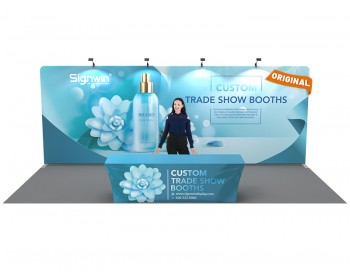 Custom 10x20ft Standard Flat Backwall & 8ft Printed Stretch Fit Back-Zippered Table Throw Tension Fabric Trade Show Display Booth Kit 09