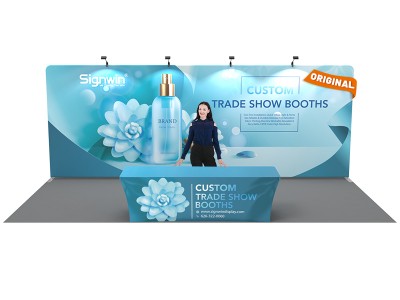 Custom 10x20ft Standard Flat Backwall & 8ft Printed Stretch Fit Back-Zippered Table Throw Tension Fabric Trade Show Display Booth Kit 09