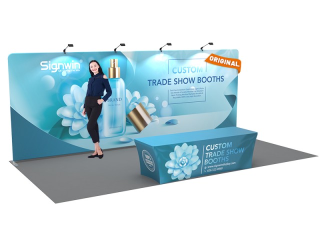 Custom 10x20ft Standard Flat Backwall & 8ft Printed Stretch Fit Back-Zippered Table Throw Tension Fabric Trade Show Display Booth Kit 09