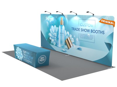 Custom 10x20ft Standard Flat Backwall & 8ft Printed Stretch Fit Back-Zippered Table Throw Tension Fabric Trade Show Display Booth Kit 09