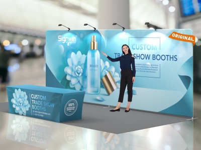 Custom 10x20ft Standard Flat Backwall & 8ft Printed Stretch Fit Back-Zippered Table Throw Tension Fabric Trade Show Display Booth Kit 09