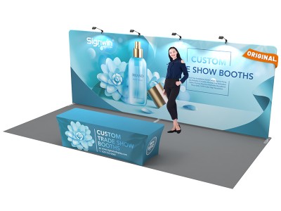 Custom 10x20ft Standard Flat Backwall & 8ft Printed Stretch Fit Back-Zippered Table Throw Tension Fabric Trade Show Display Booth Kit 09