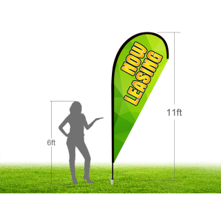 11ft NOW LEASING Stock Teardrop Flag with Ground Stake 01