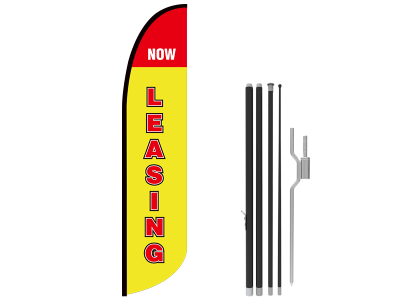 13ft NOW LEASING Stock Blade Flag with Ground Stake 01