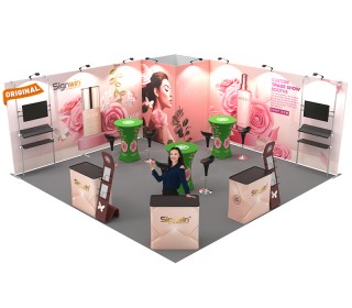 Custom 20x20ft Flat Backwall & Rectangular Convertible Enclosure & Highboy Cocktail Tables & Case to Podium Tension Fabric Trade Show Display Booth Kit 08