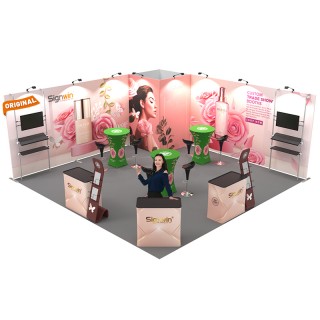 Custom 20x20ft Flat Backwall & Rectangular Convertible Enclosure & Highboy Cocktail Tables & Case to Podium Tension Fabric Trade Show Display Booth Kit 08