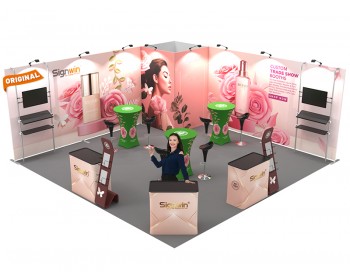 Custom 20x20ft Flat Backwall & Rectangular Convertible Enclosure & Highboy Cocktail Tables & Case to Podium Tension Fabric Trade Show Display Booth Kit 08