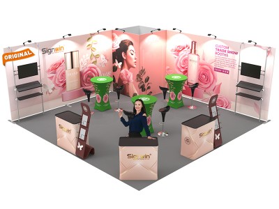 Custom 20x20ft Flat Backwall & Rectangular Convertible Enclosure & Highboy Cocktail Tables & Case to Podium Tension Fabric Trade Show Display Booth Kit 08