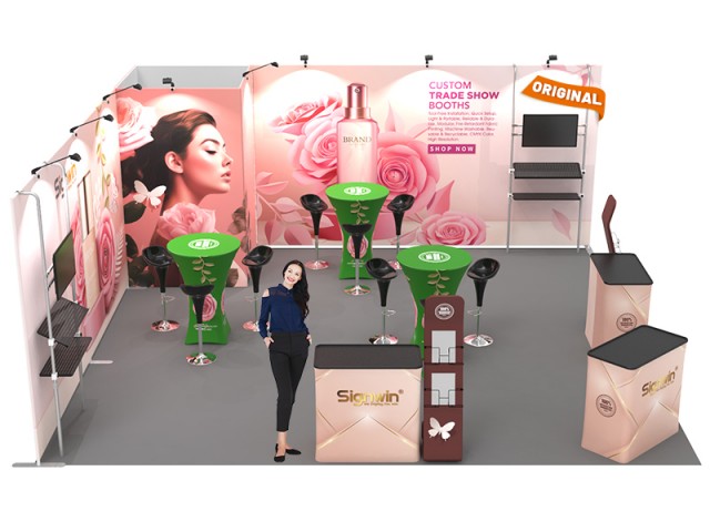 Custom 20x20ft Flat Backwall & Rectangular Convertible Enclosure & Highboy Cocktail Tables & Case to Podium Tension Fabric Trade Show Display Booth Kit 08