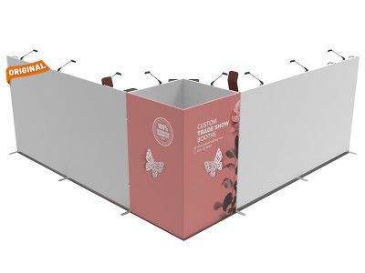 Custom 20x20ft Flat Backwall & Rectangular Convertible Enclosure & Highboy Cocktail Tables & Case to Podium Tension Fabric Trade Show Display Booth Kit 08