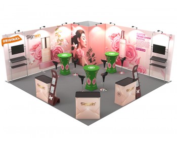 Custom 20x20ft Flat Backwall & Rectangular Convertible Enclosure & Highboy Cocktail Tables & Case to Podium Tension Fabric Trade Show Display Booth Kit 08