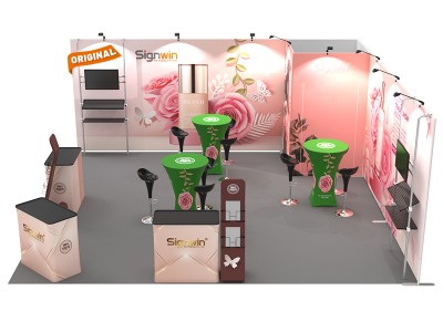 Custom 20x20ft Flat Backwall & Rectangular Convertible Enclosure & Highboy Cocktail Tables & Case to Podium Tension Fabric Trade Show Display Booth Kit 08