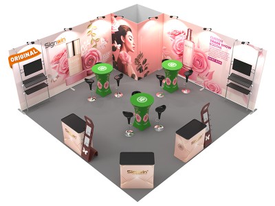 Custom 20x20ft Flat Backwall & Rectangular Convertible Enclosure & Highboy Cocktail Tables & Case to Podium Tension Fabric Trade Show Display Booth Kit 08