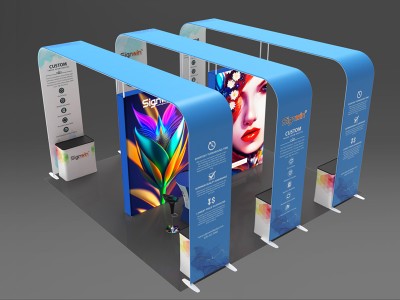 Custom 20x20ft Peninsula/Island Archy Monitor & Bar Table & Case to Podium Brilliant Tension Fabric LED Backlit Trade Show Display Column Booth Kit 09