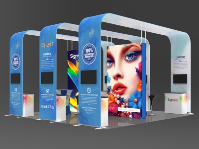 Custom 20x20ft Peninsula/Island Archy Monitor & Bar Table & Case to Podium Brilliant Tension Fabric LED Backlit Trade Show Display Column Booth Kit 09