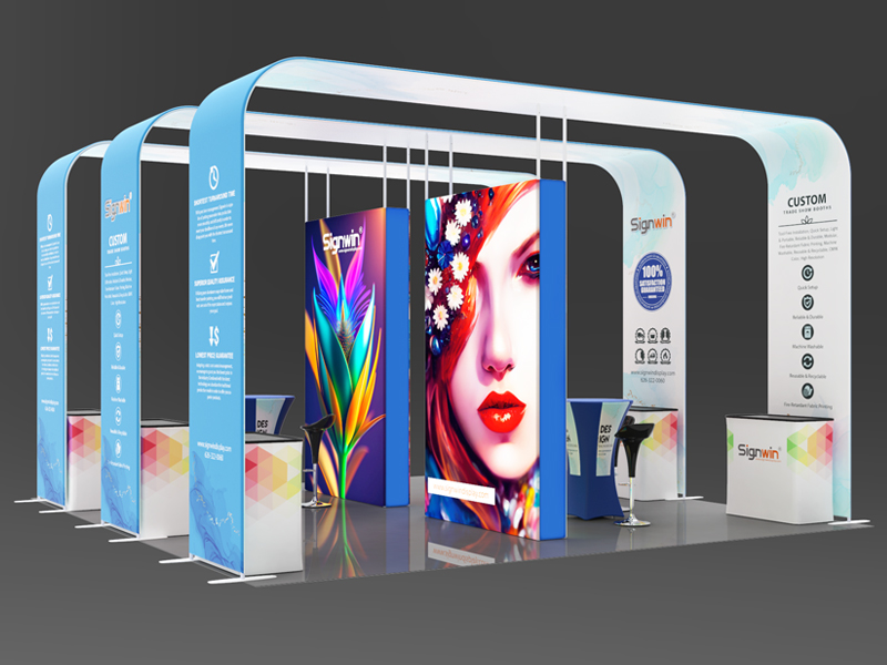 Custom 20x20ft Peninsula/Island Archy Monitor  Bar Table  Case to Podium  Brilliant Tension Fabric LED Backlit Trade Show Display Column Booth Kit 09  Signwin ®