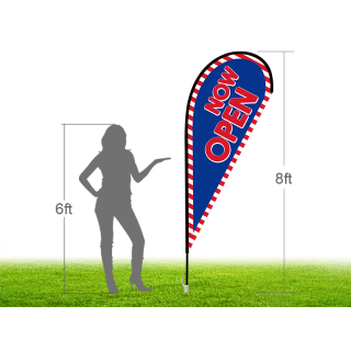8ft NOW OPEN Stock Teardrop Flag with Ground Stake 02
